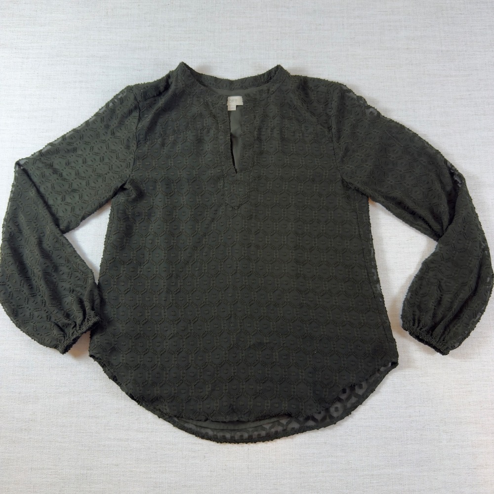 LOFT Womens XS Dark Olive Green Geometric Clip Dot Sheer Split Neck Blouse